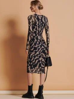 Print Long Sleeve Mesh Bodycon Dress, Brown Pattern