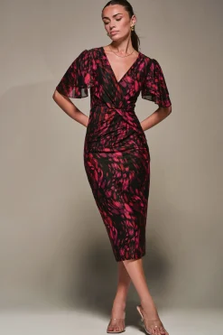Print Mesh Angel Sleeve Bodycon Midi Dress, Black Animal