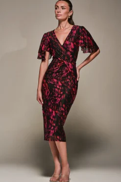 Print Mesh Angel Sleeve Bodycon Midi Dress, Black Animal