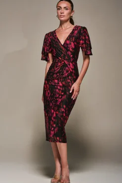 Print Mesh Angel Sleeve Bodycon Midi Dress, Black Animal