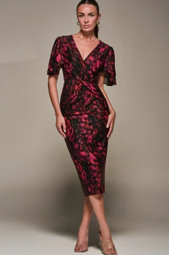 Print Mesh Angel Sleeve Bodycon Midi Dress, Black Animal
