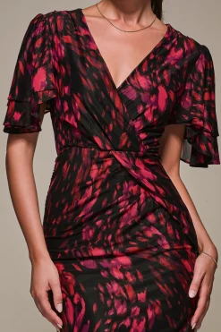 Print Mesh Angel Sleeve Bodycon Midi Dress, Black Animal