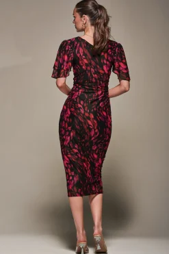 Print Mesh Angel Sleeve Bodycon Midi Dress, Black Animal