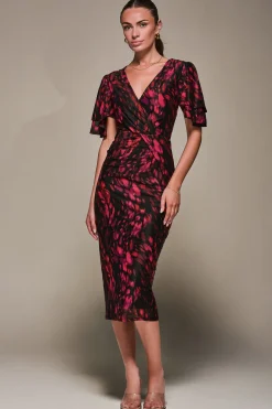 Print Mesh Angel Sleeve Bodycon Midi Dress, Black Animal