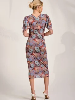Print Mesh Angel Sleeve Bodycon Midi Dress, Blue Multi