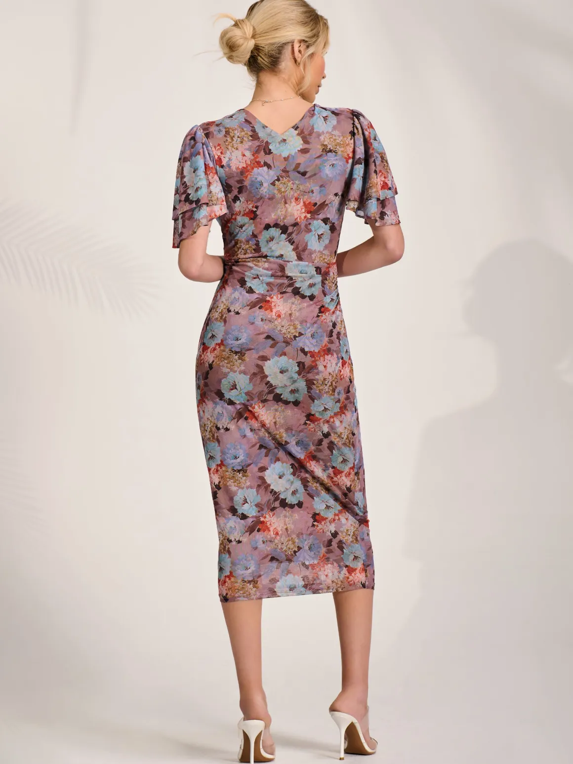 Print Mesh Angel Sleeve Bodycon Midi Dress, Blue Multi