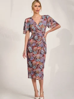 Print Mesh Angel Sleeve Bodycon Midi Dress, Blue Multi
