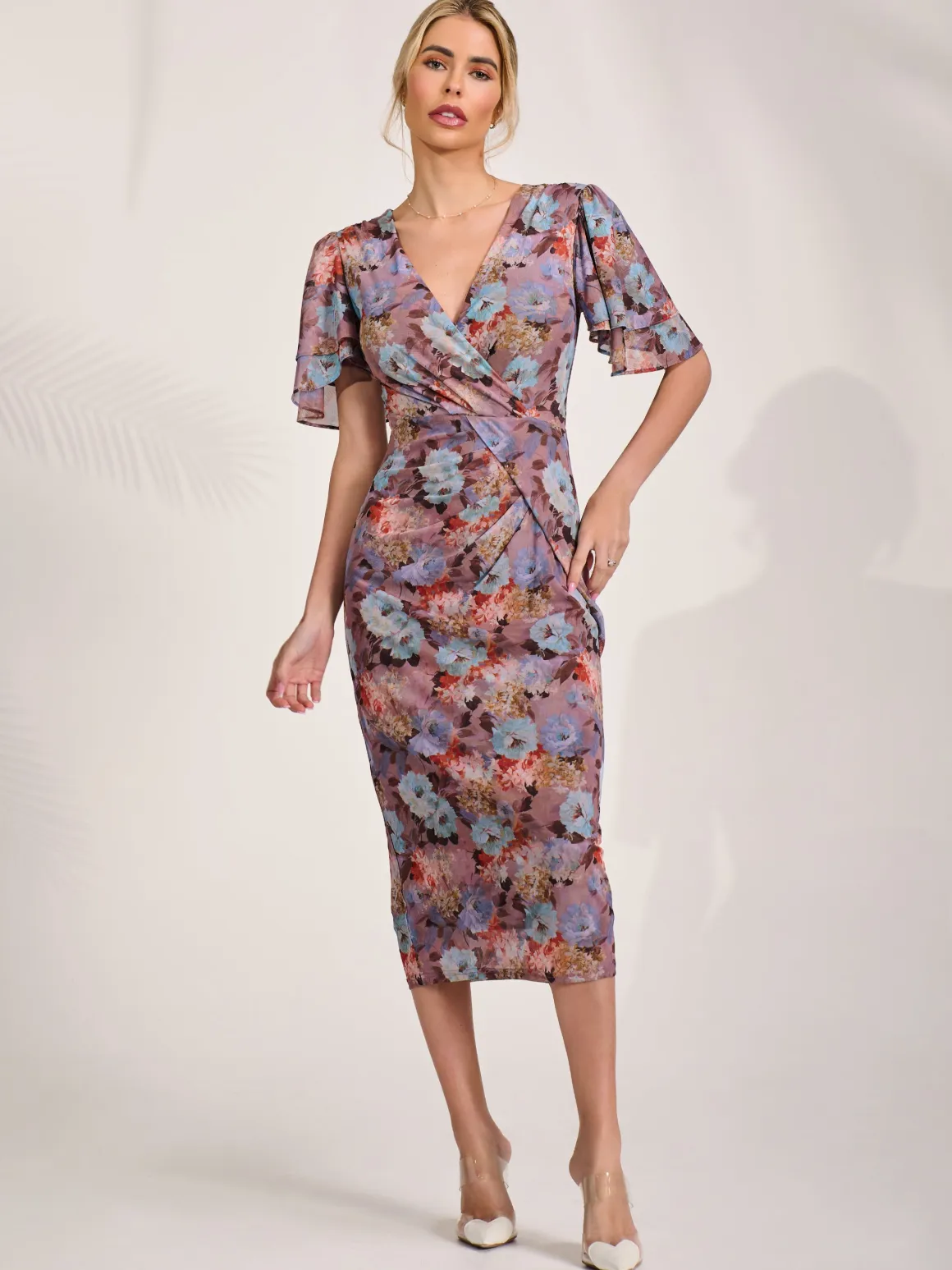 Print Mesh Angel Sleeve Bodycon Midi Dress, Blue Multi