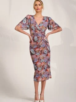 Print Mesh Angel Sleeve Bodycon Midi Dress, Blue Multi