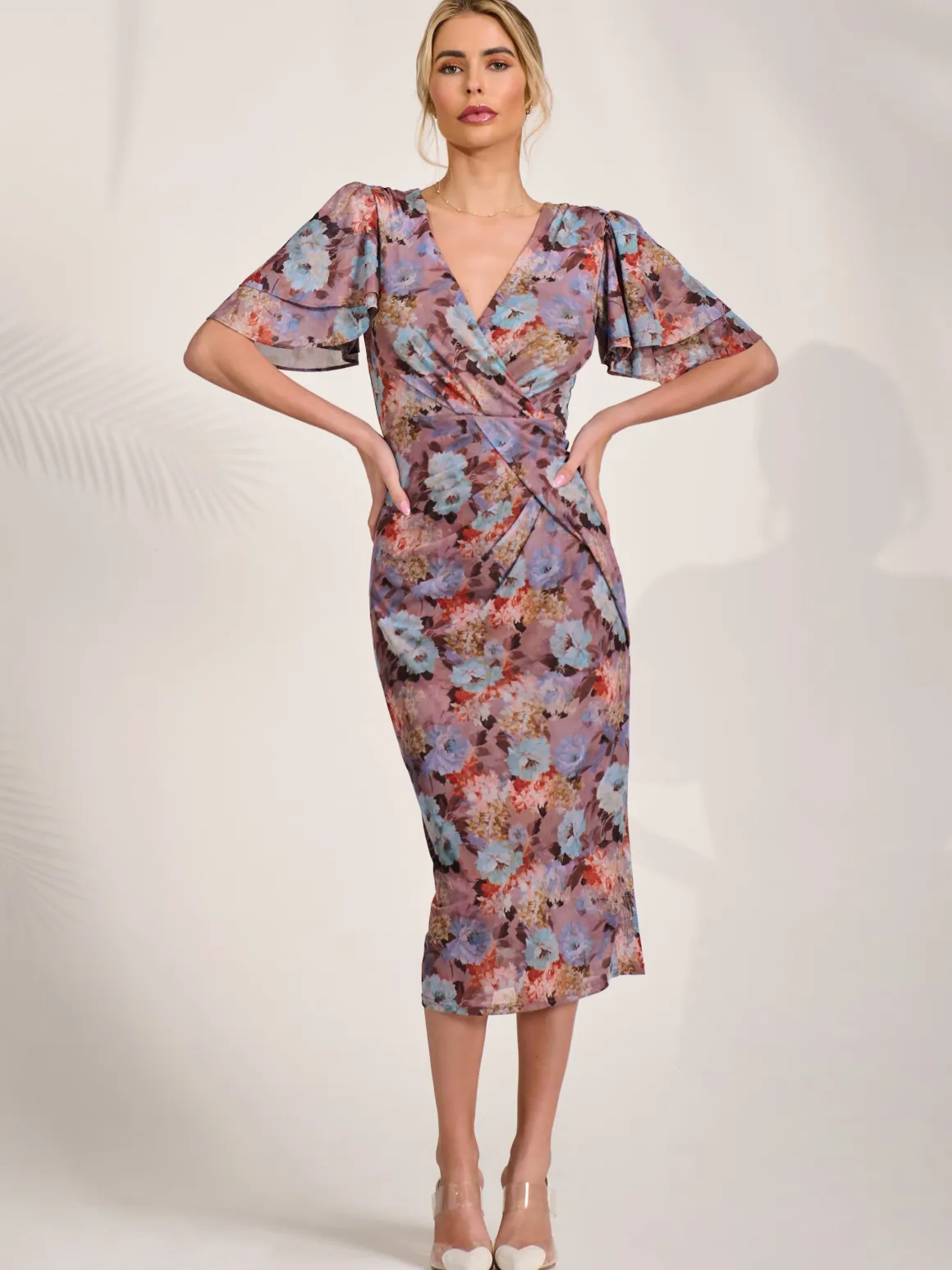 Print Mesh Angel Sleeve Bodycon Midi Dress, Blue Multi