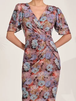 Print Mesh Angel Sleeve Bodycon Midi Dress, Blue Multi