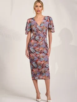 Print Mesh Angel Sleeve Bodycon Midi Dress, Blue Multi