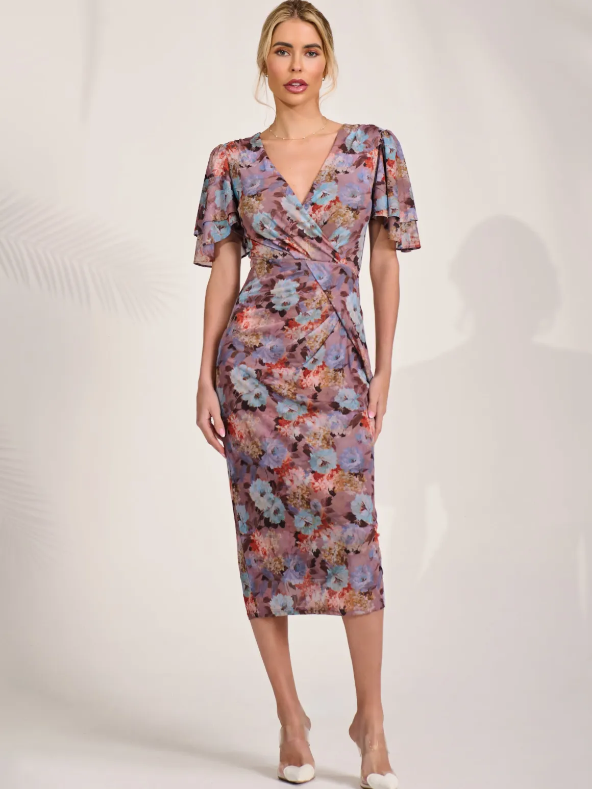 Print Mesh Angel Sleeve Bodycon Midi Dress, Blue Multi