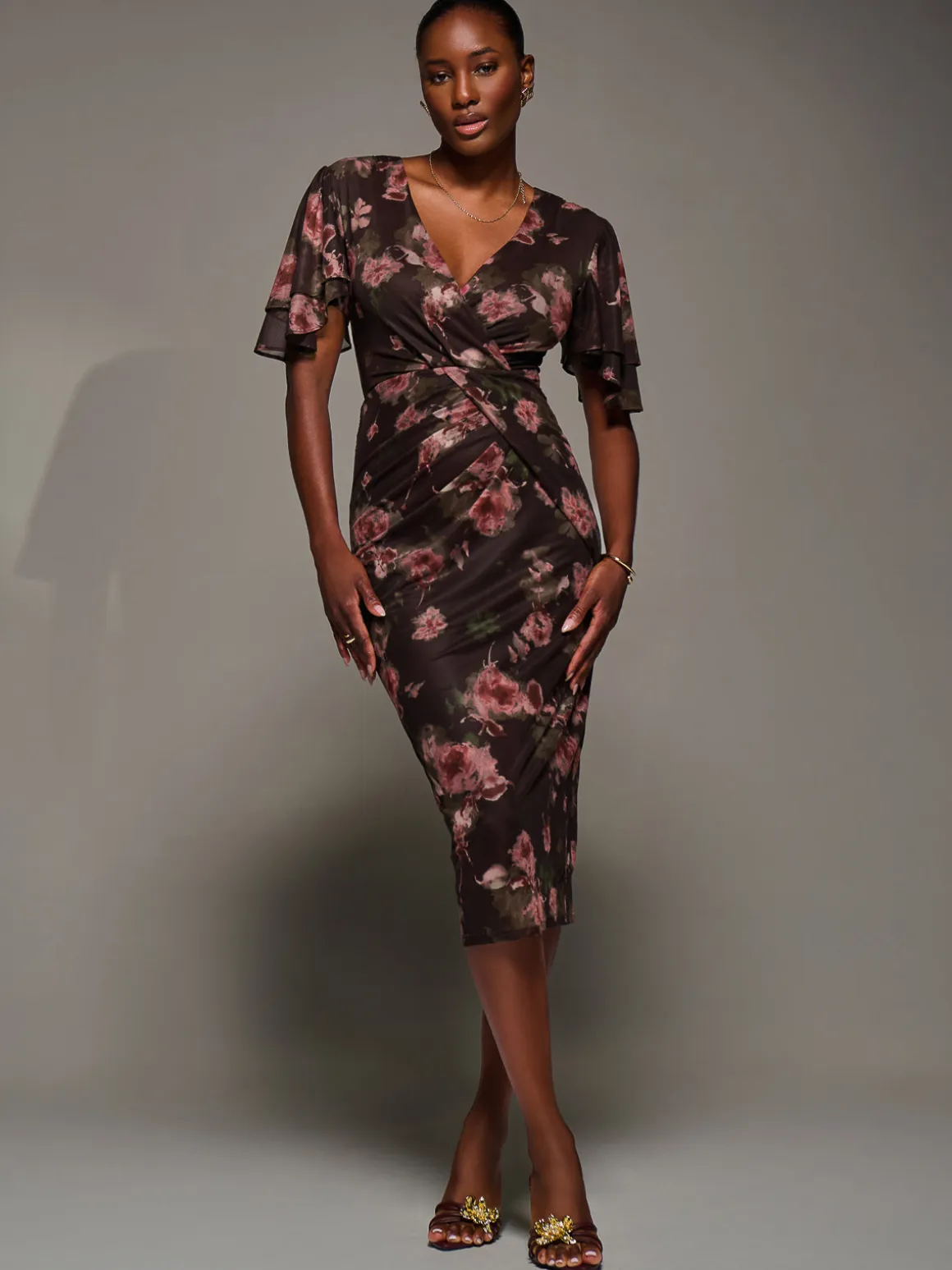 Print Mesh Angel Sleeve Bodycon Midi Dress, Burgundy Floral