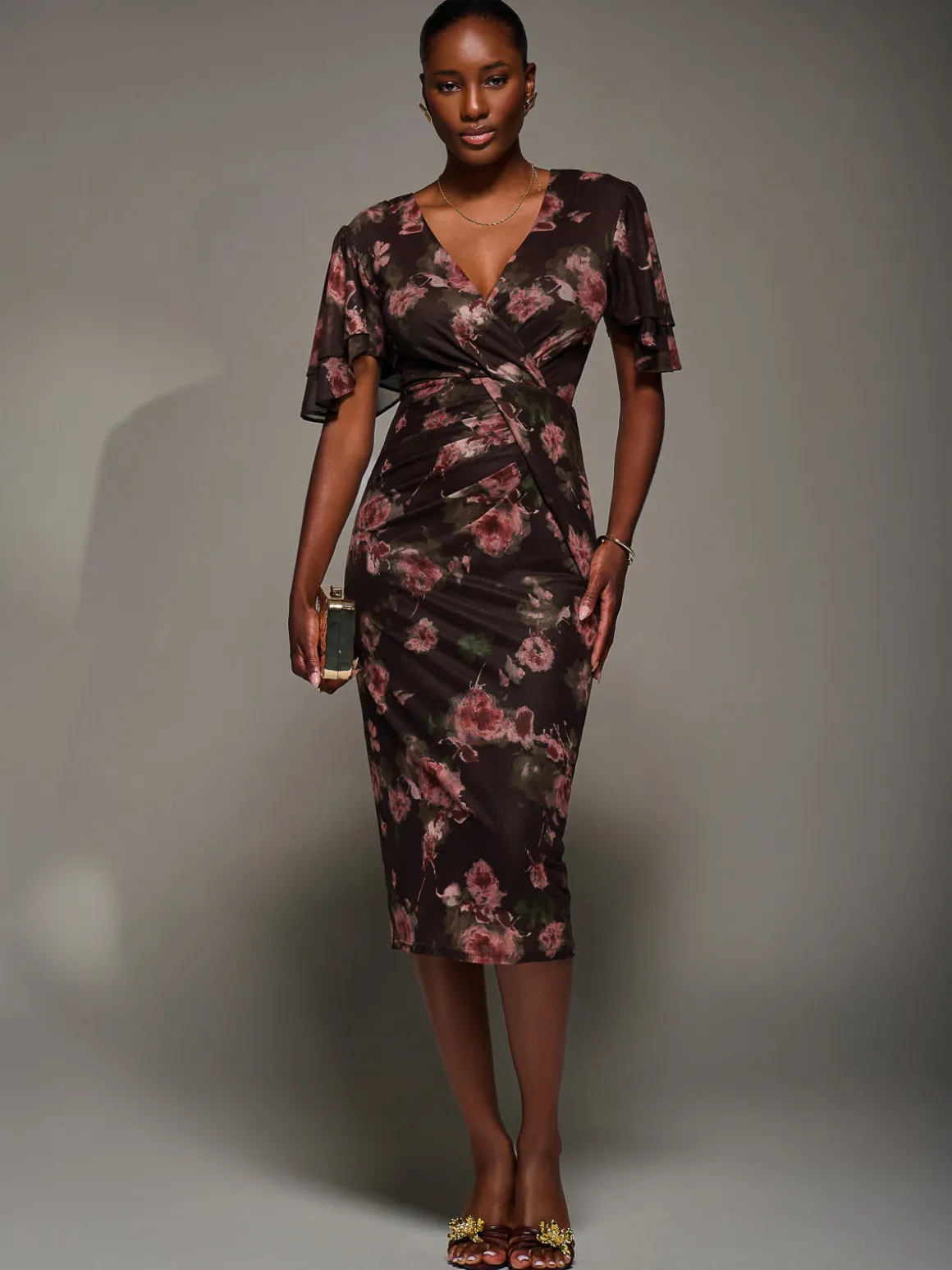 Print Mesh Angel Sleeve Bodycon Midi Dress, Burgundy Floral