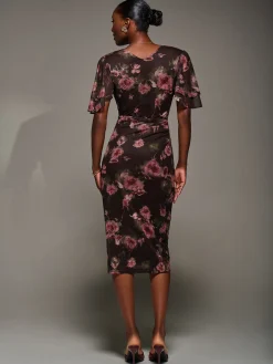 Print Mesh Angel Sleeve Bodycon Midi Dress, Burgundy Floral
