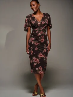 Print Mesh Angel Sleeve Bodycon Midi Dress, Burgundy Floral