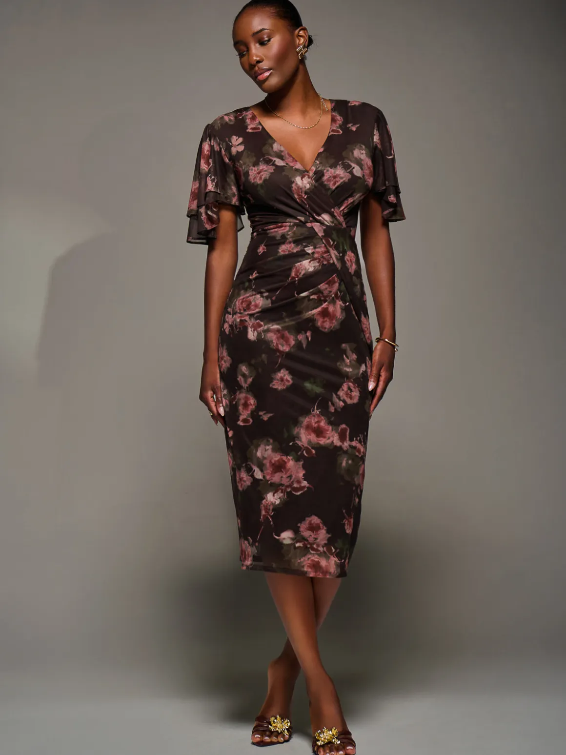 Print Mesh Angel Sleeve Bodycon Midi Dress, Burgundy Floral