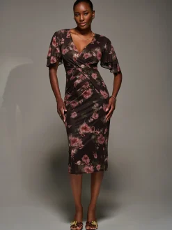 Print Mesh Angel Sleeve Bodycon Midi Dress, Burgundy Floral