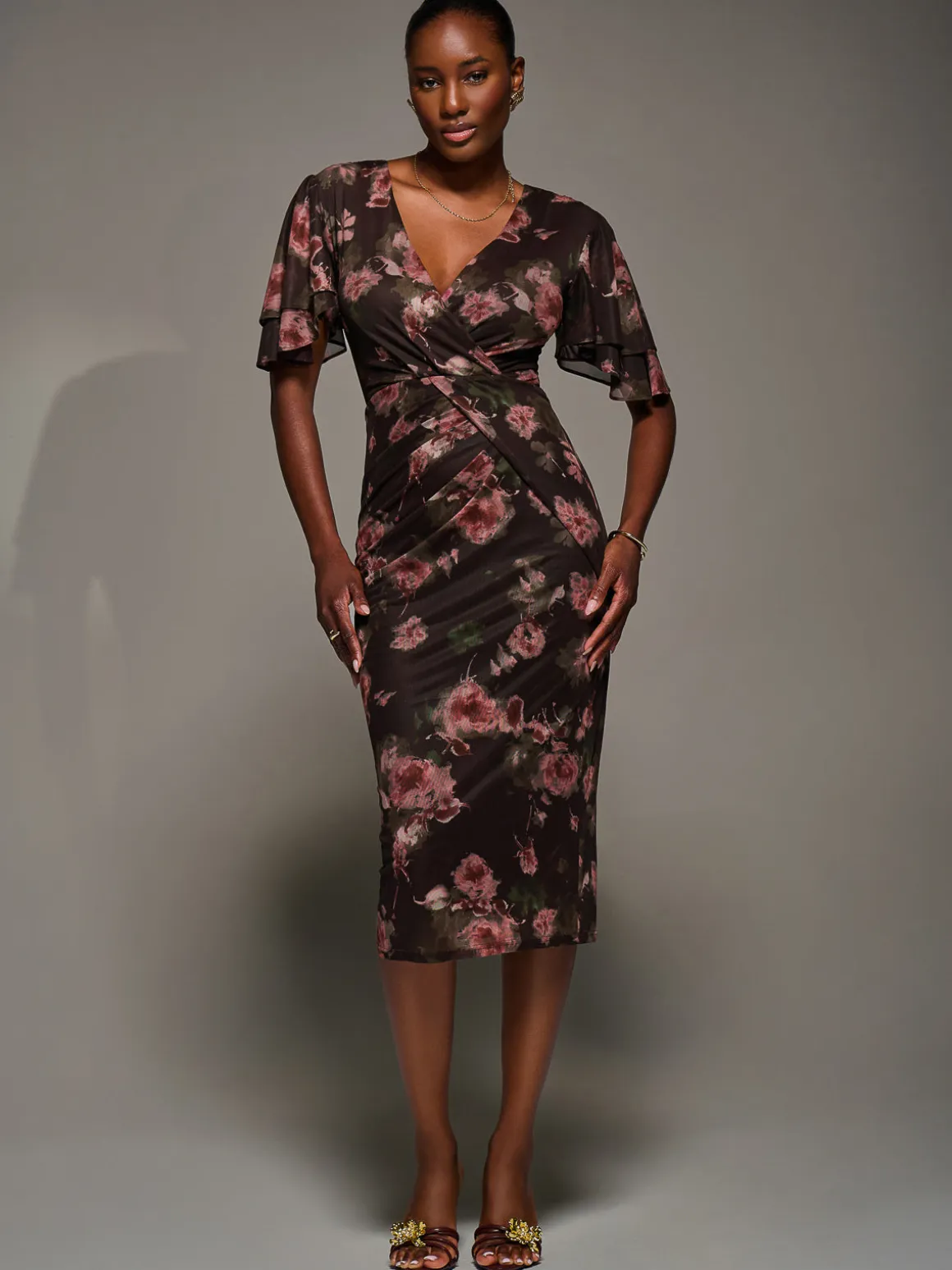 Print Mesh Angel Sleeve Bodycon Midi Dress, Burgundy Floral