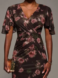 Print Mesh Angel Sleeve Bodycon Midi Dress, Burgundy Floral