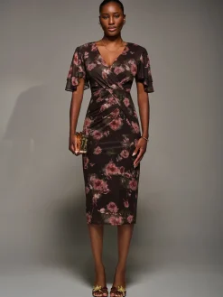 Print Mesh Angel Sleeve Bodycon Midi Dress, Burgundy Floral
