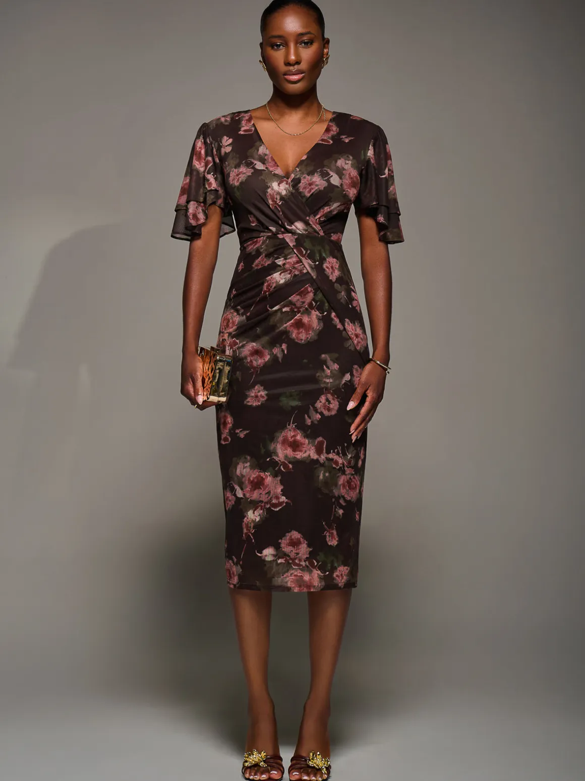 Print Mesh Angel Sleeve Bodycon Midi Dress, Burgundy Floral