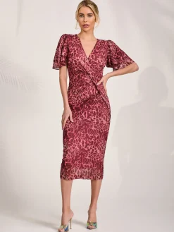 Print Mesh Angel Sleeve Bodycon Midi Dress Pink Animal