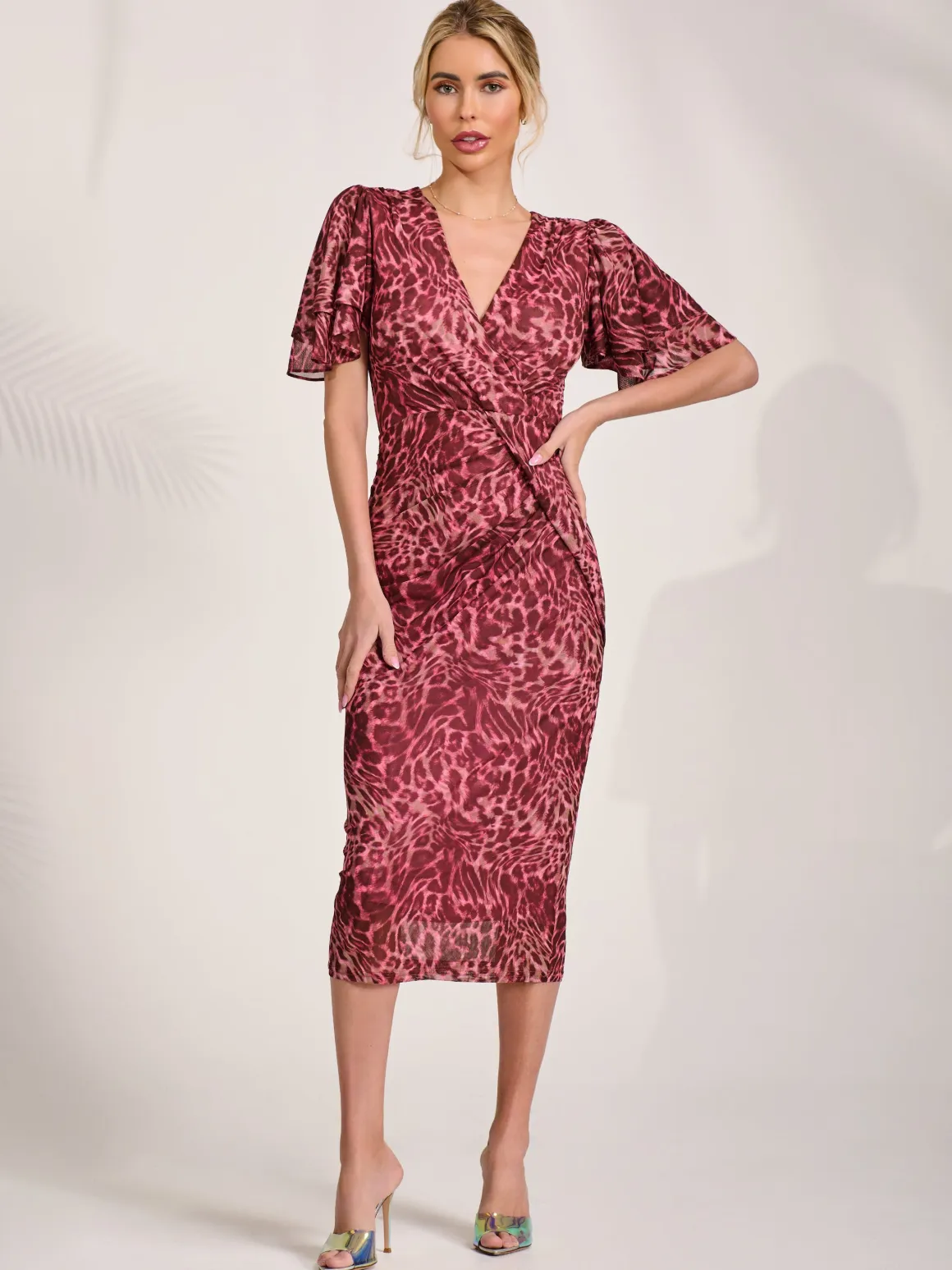 Print Mesh Angel Sleeve Bodycon Midi Dress Pink Animal