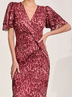 Print Mesh Angel Sleeve Bodycon Midi Dress Pink Animal