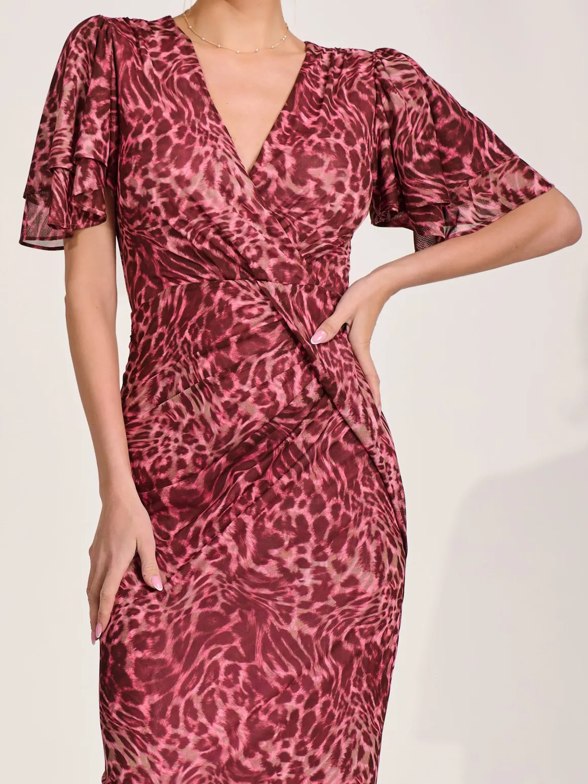 Print Mesh Angel Sleeve Bodycon Midi Dress Pink Animal