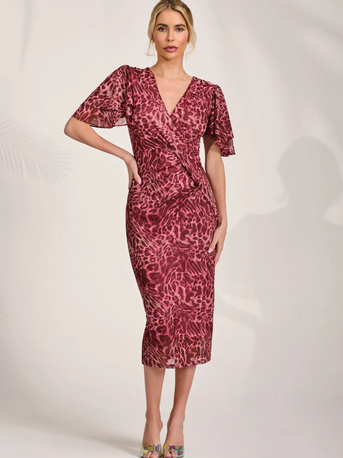 Print Mesh Angel Sleeve Bodycon Midi Dress Pink Animal