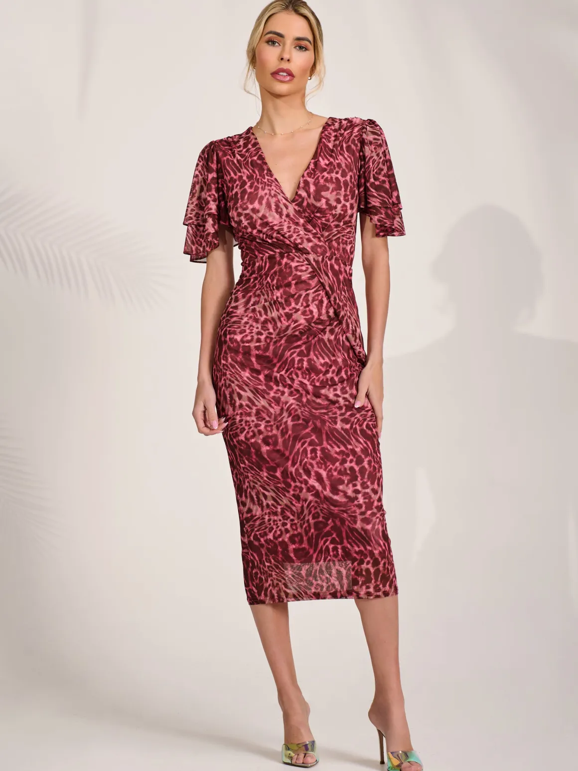 Print Mesh Angel Sleeve Bodycon Midi Dress Pink Animal