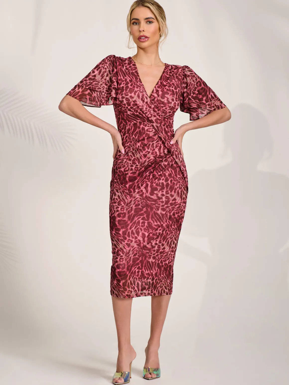 Print Mesh Angel Sleeve Bodycon Midi Dress Pink Animal