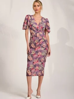 Print Mesh Angel Sleeve Bodycon Midi Dress, Purple Multi