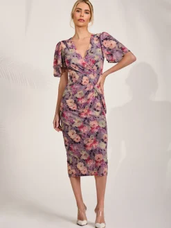 Print Mesh Angel Sleeve Bodycon Midi Dress, Purple Multi