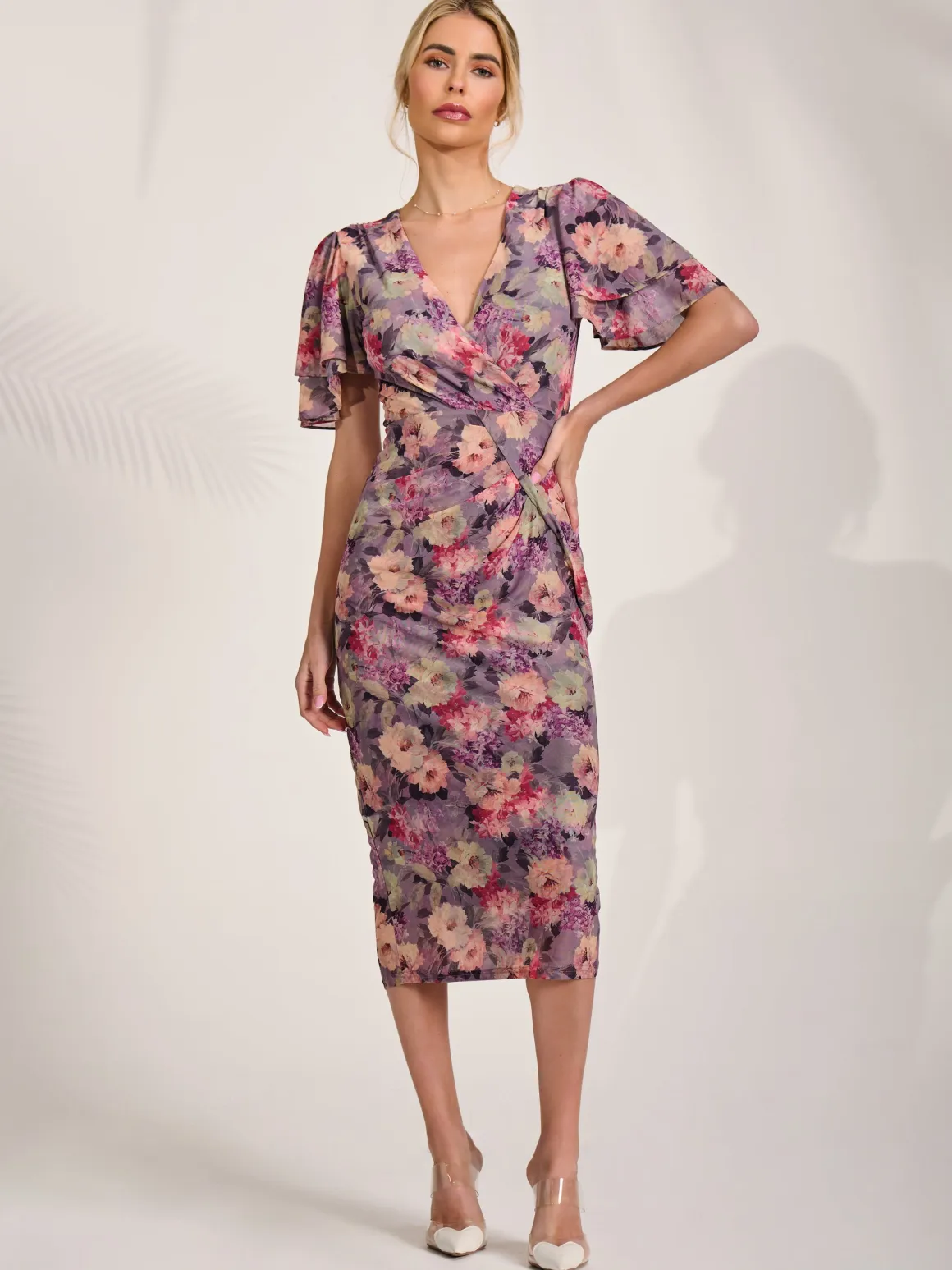 Print Mesh Angel Sleeve Bodycon Midi Dress, Purple Multi