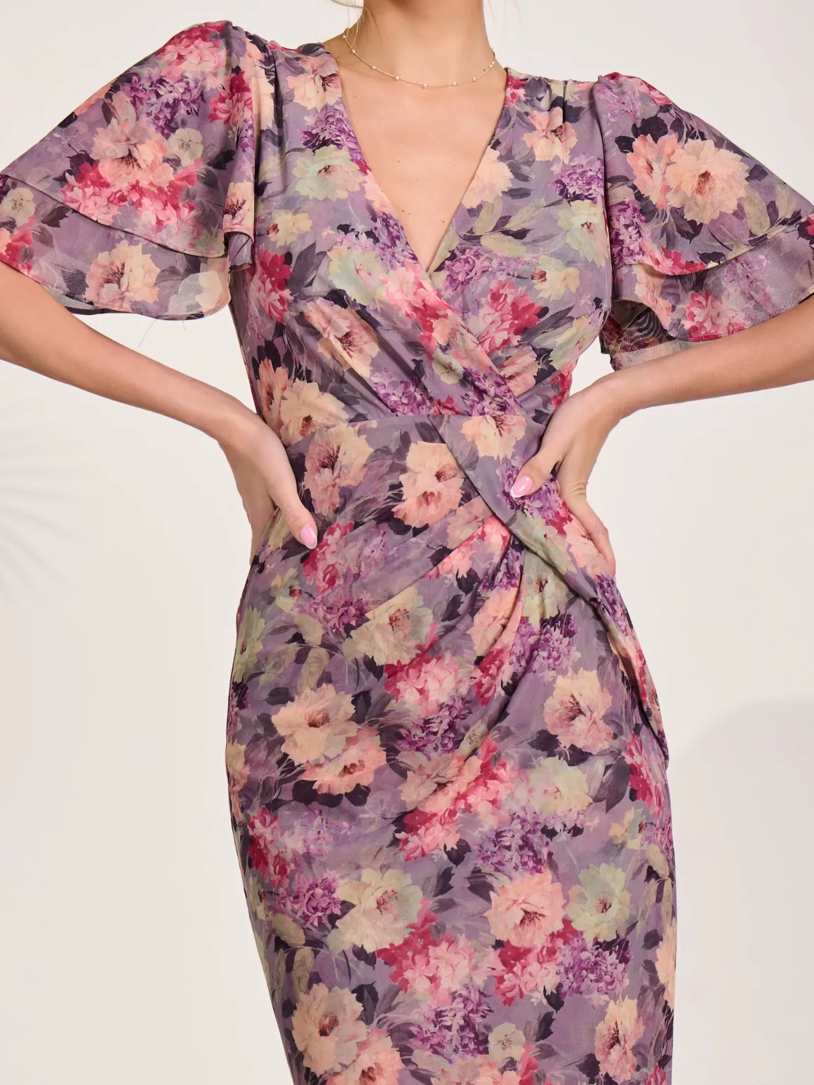 Print Mesh Angel Sleeve Bodycon Midi Dress, Purple Multi