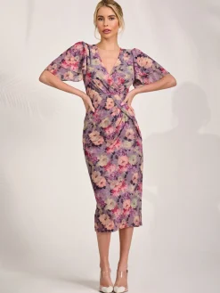 Print Mesh Angel Sleeve Bodycon Midi Dress, Purple Multi