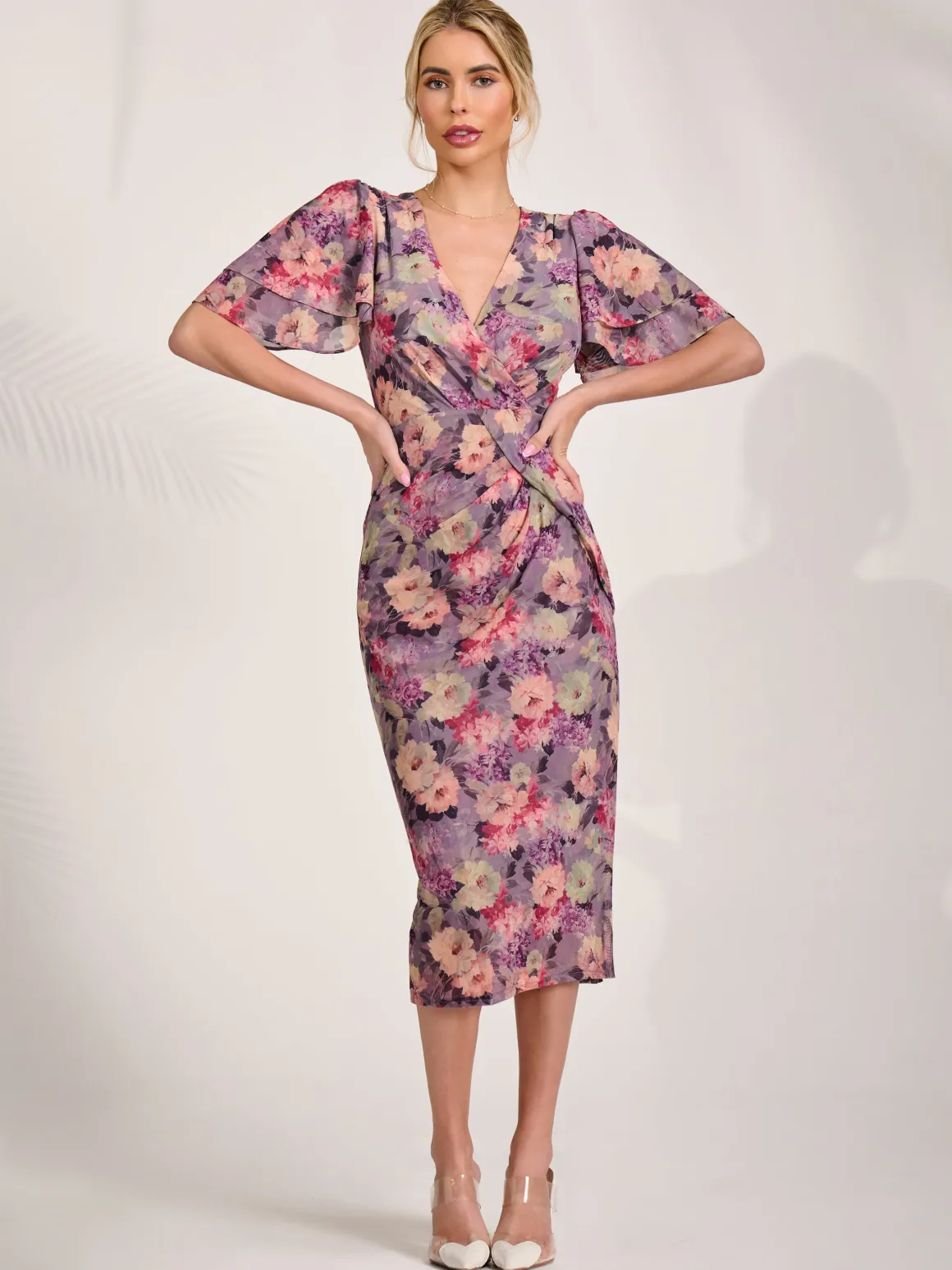 Print Mesh Angel Sleeve Bodycon Midi Dress, Purple Multi