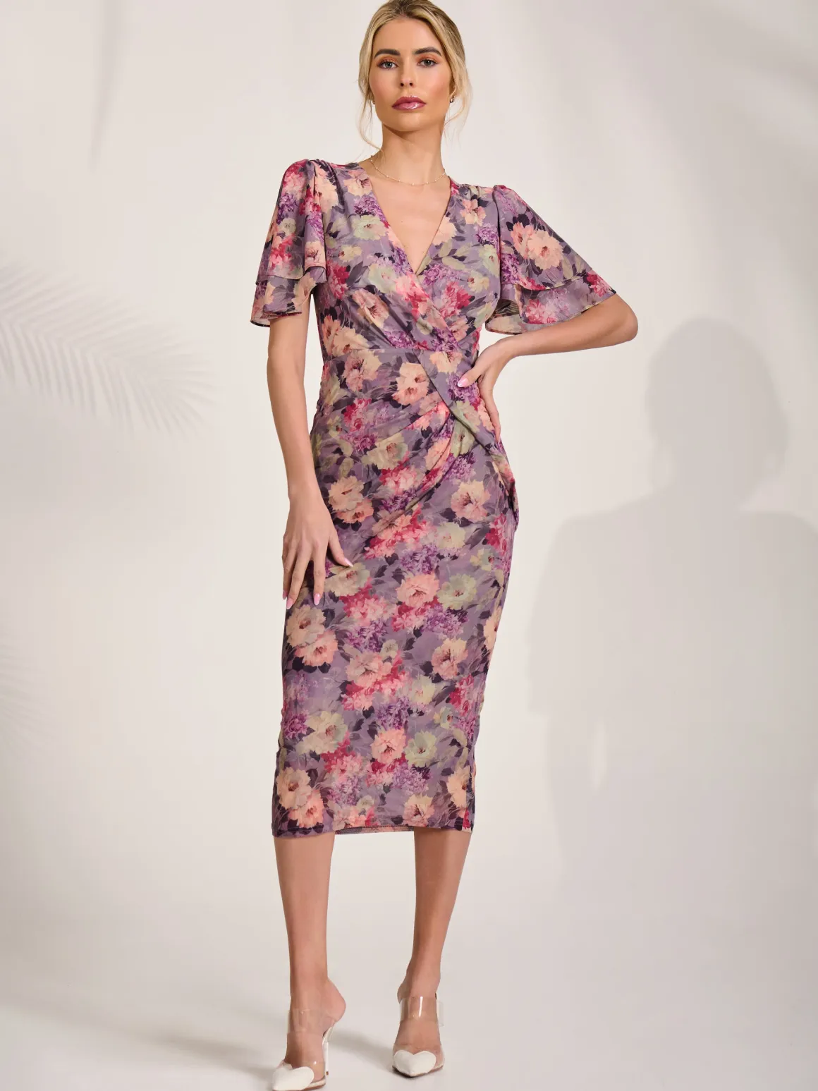 Print Mesh Angel Sleeve Bodycon Midi Dress, Purple Multi