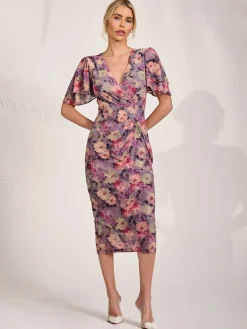 Print Mesh Angel Sleeve Bodycon Midi Dress, Purple Multi