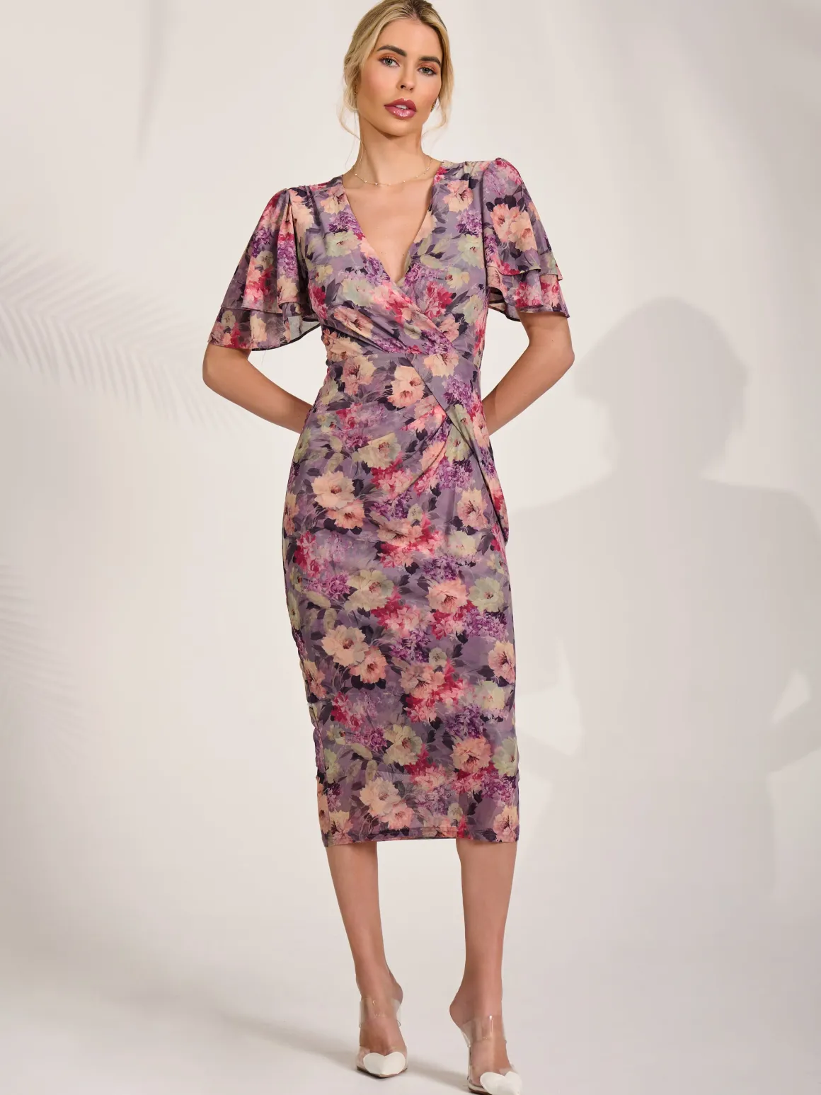 Print Mesh Angel Sleeve Bodycon Midi Dress, Purple Multi