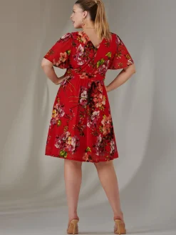 Print Mesh Flare Dress, Red Floral