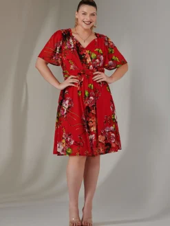 Print Mesh Flare Dress, Red Floral