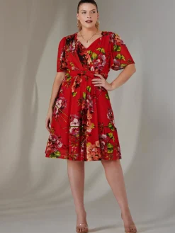 Print Mesh Flare Dress, Red Floral