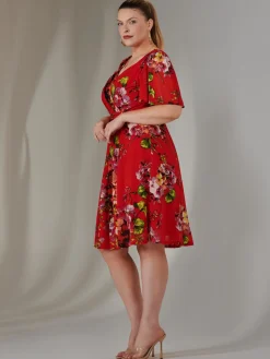 Print Mesh Flare Dress, Red Floral
