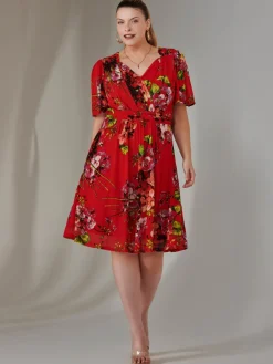 Print Mesh Flare Dress, Red Floral