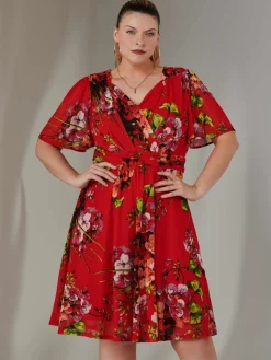 Print Mesh Flare Dress, Red Floral