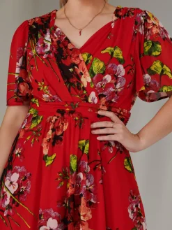 Print Mesh Flare Dress, Red Floral